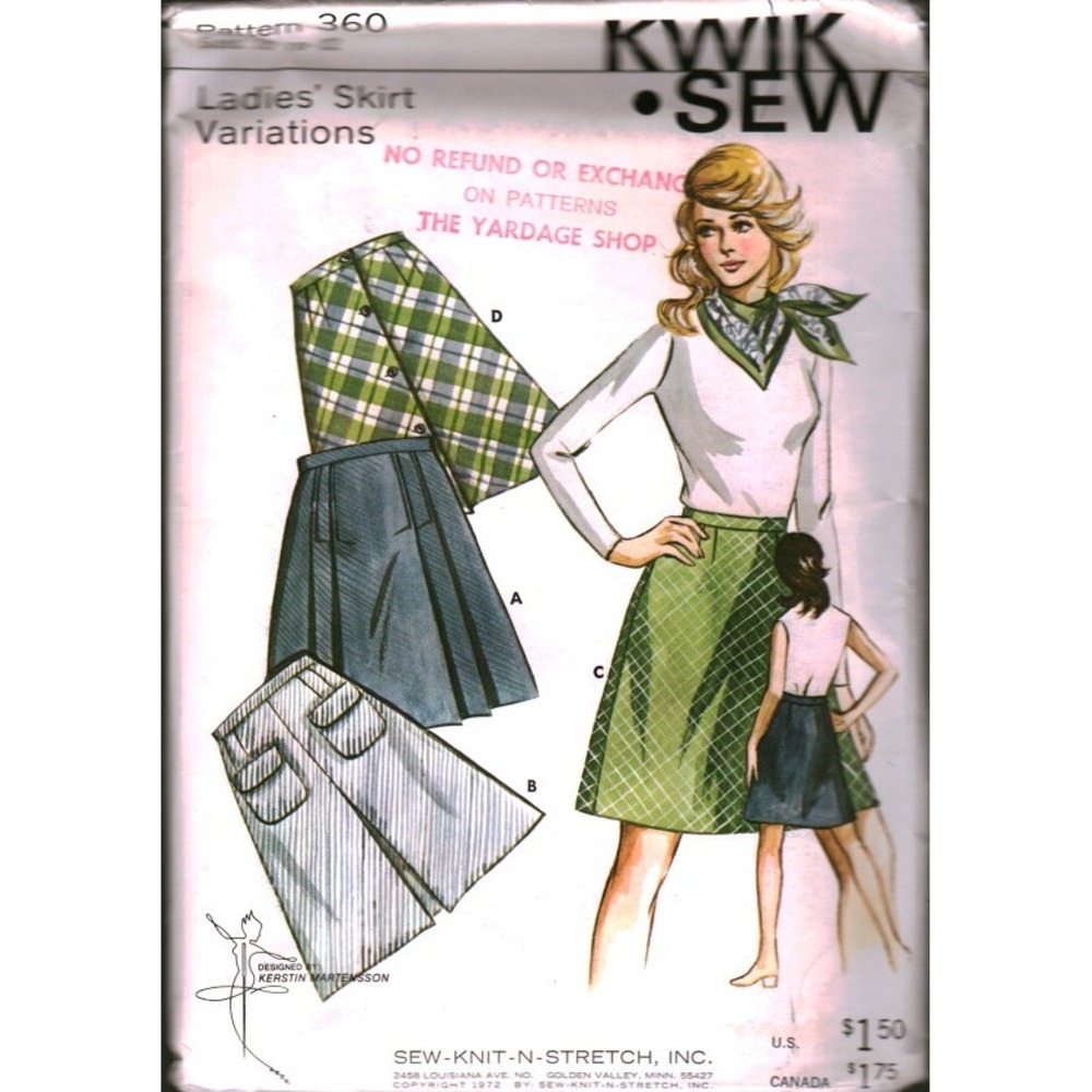 Vintage 1972 Kwik Sew 360 Ladies Skirt Variations Sewing Pattern Size 18 20 22